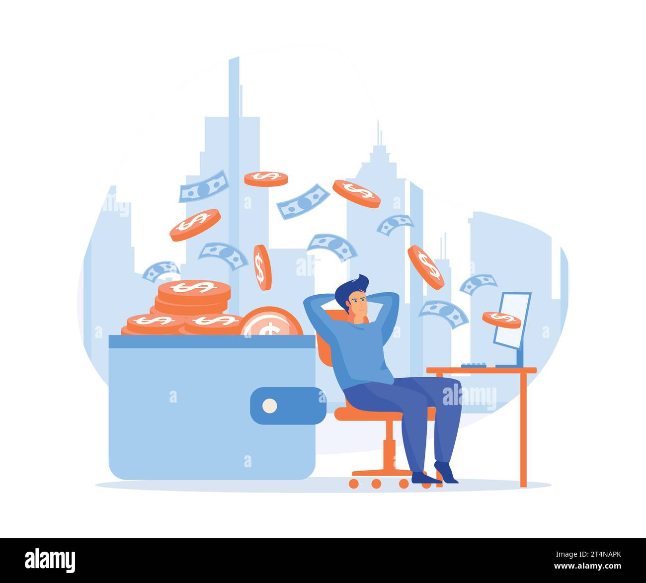 man getting paid from online work, person relaxing in chair with computer paying money in his wallet. Passive income, flat vector modern illustration Stock Vector