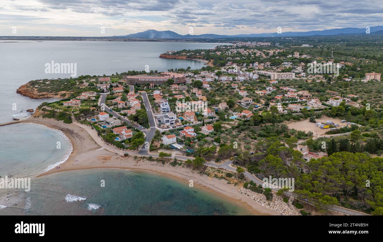 Aerial drone photo of the Spanish coastal town named Perello-Mar in the province of Tarragona. Stock Photo
