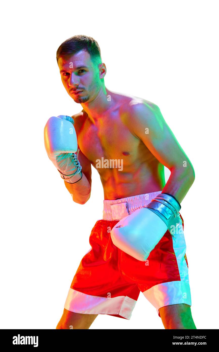 Muscular build man. Boxer, fighter exercising before fight against