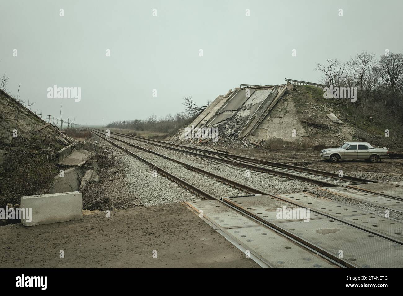 Destroyed road bridge, near Snihurivka, Ukraine, 2023 Stock Photo