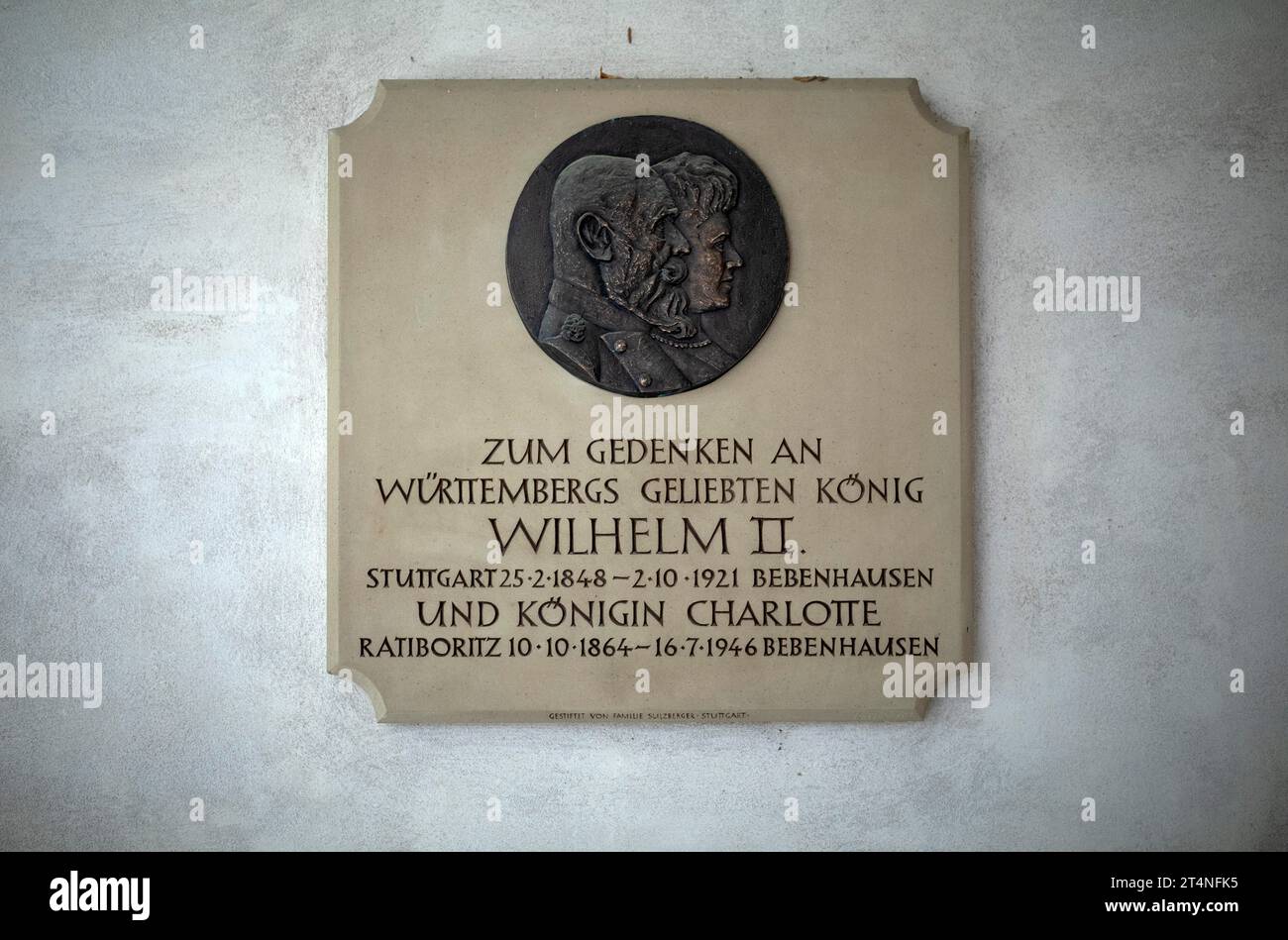 Commemorative plaque on castle wall, writing, in memory of Wuerttemberg's King Wilhelm 2 and Queen Charlotte, portrait, effigy, Bebenhausen Monastery Stock Photo