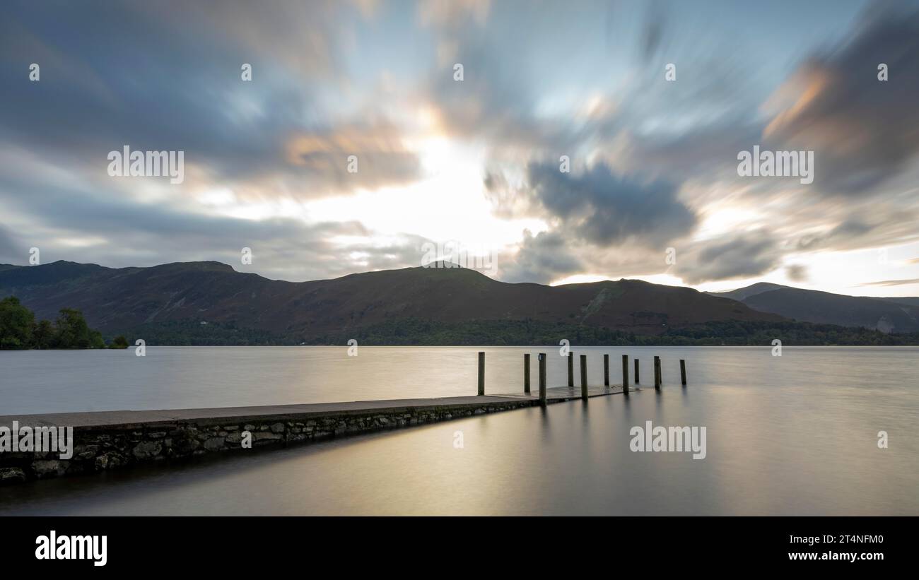Sunset, Derwent Water, jetty in the water, Lake District National Park