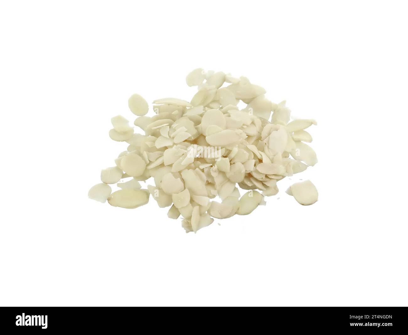 Pile of peeled flaked almonds isolated on white. Blanched almonds flakes on white. Stock Photo
