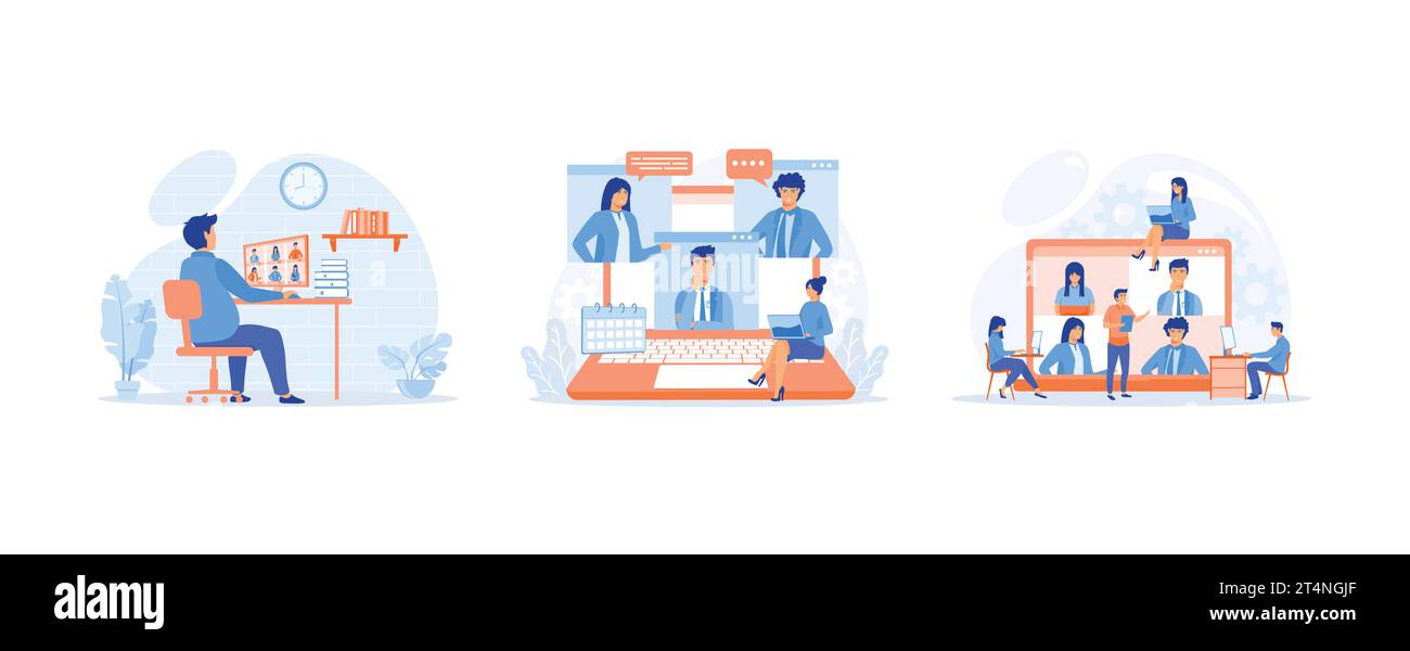 video conference, remote work, technology concept, Worker using computer for collective virtual meeting and group video conference, set flat vector mo Stock Vector