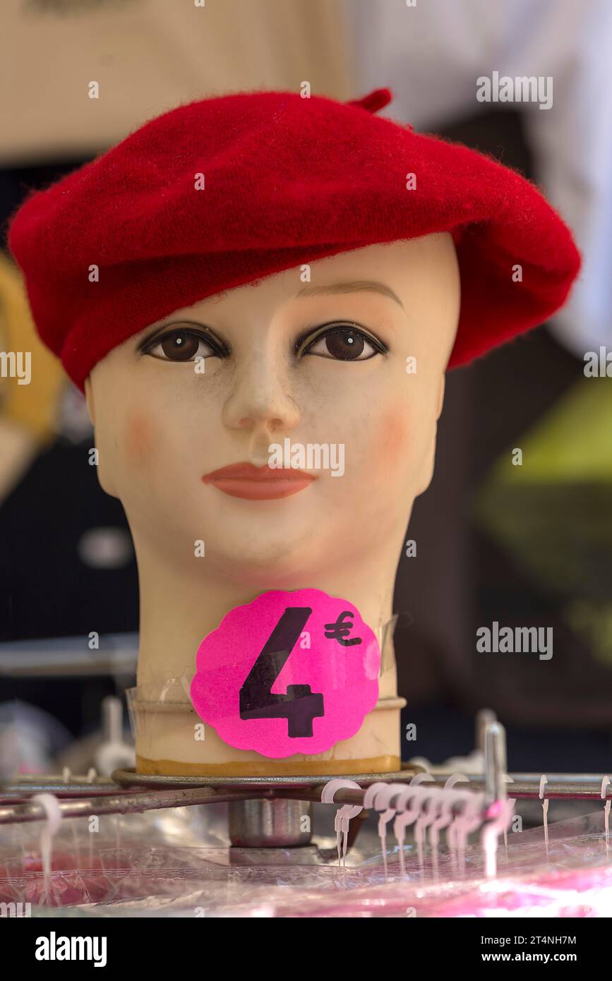 Doll's head with beret in a souvenir shop, Paris, Frankrech Stock Photo