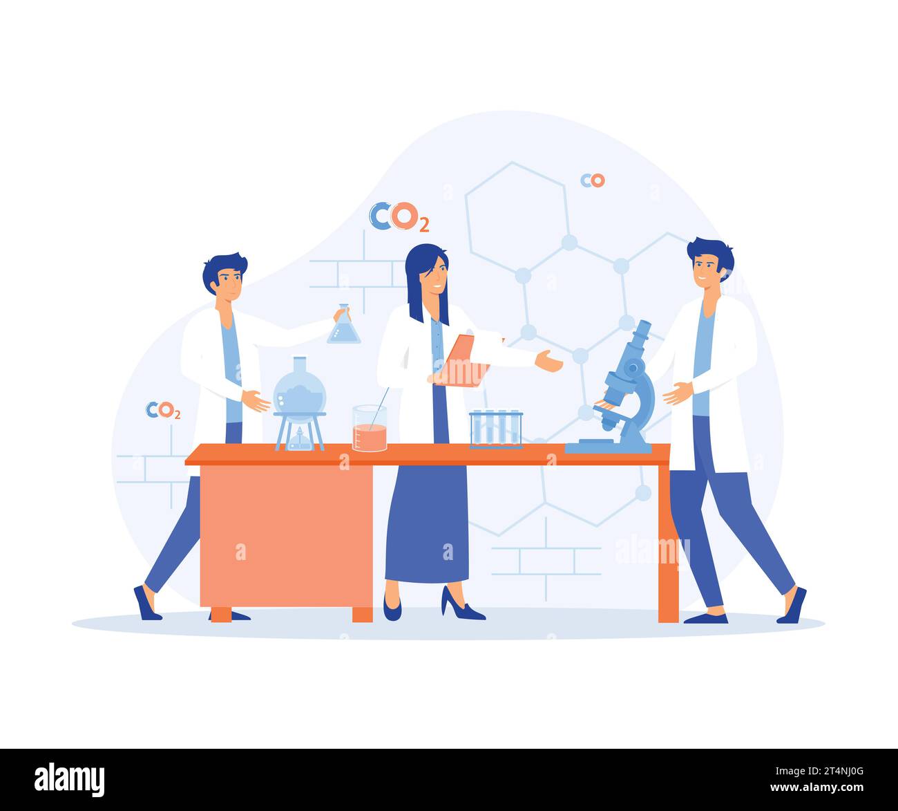 Scientists in lab. People in white coat, chemical researchers with laboratory equipment. Drug development, flat vector modern illustration Stock Vector