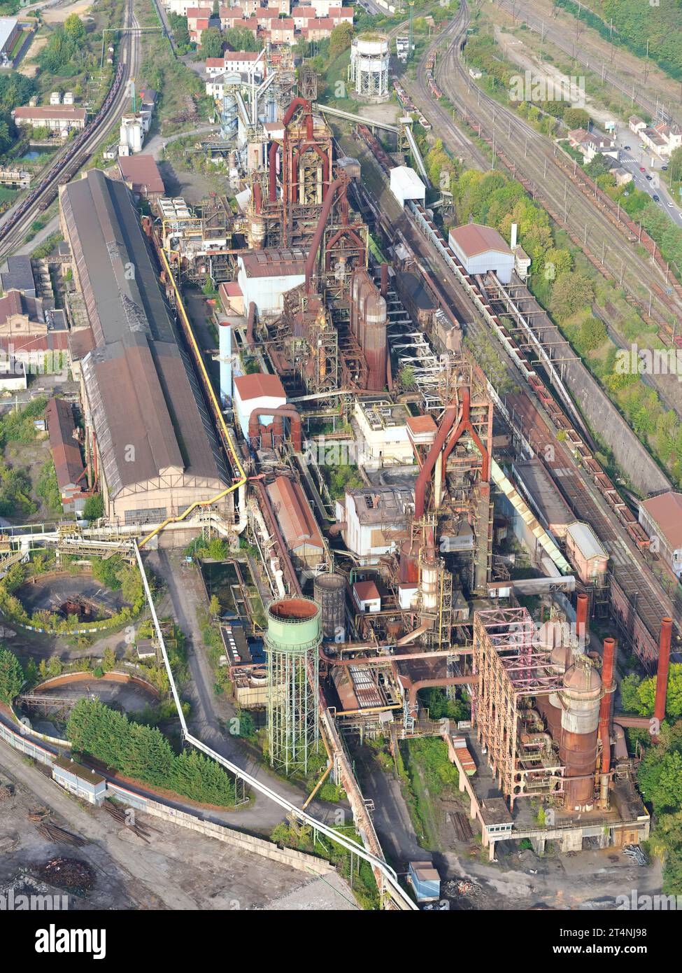 AERIAL VIEW. The blast furnaces at the abandoned steel mills of Hayange. Moselle, Lorraine, Grand Est, France. Stock Photo