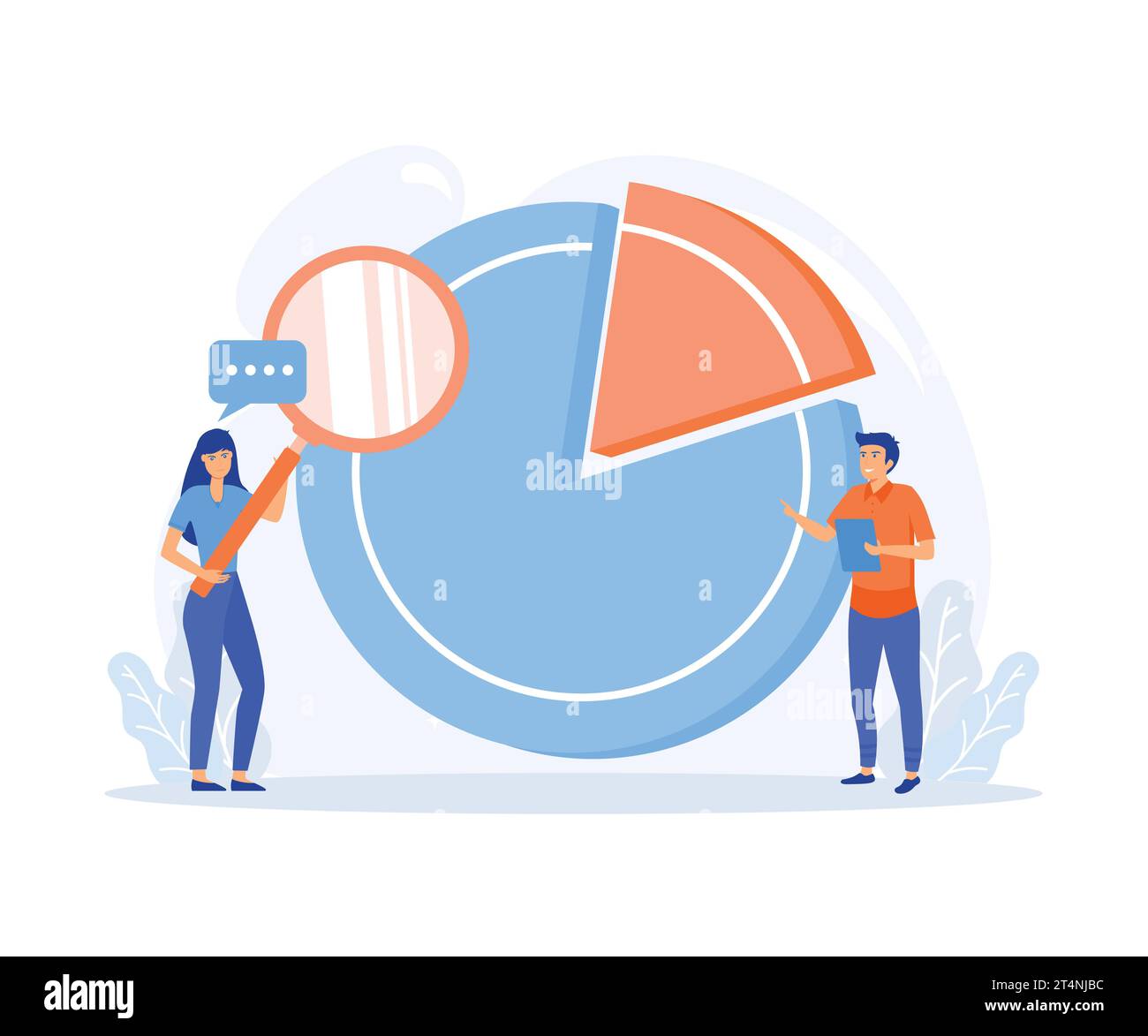 Statistical analysis concept, Man and girl with magnifying glass look at graphs and charts. Work with statistics and marketing research, flat vector m Stock Vector