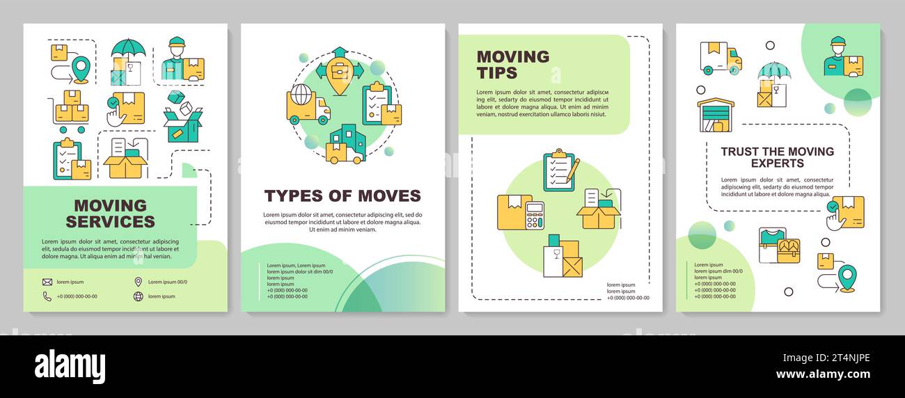 2D brochure with colorful moving service linear icons Stock Vector