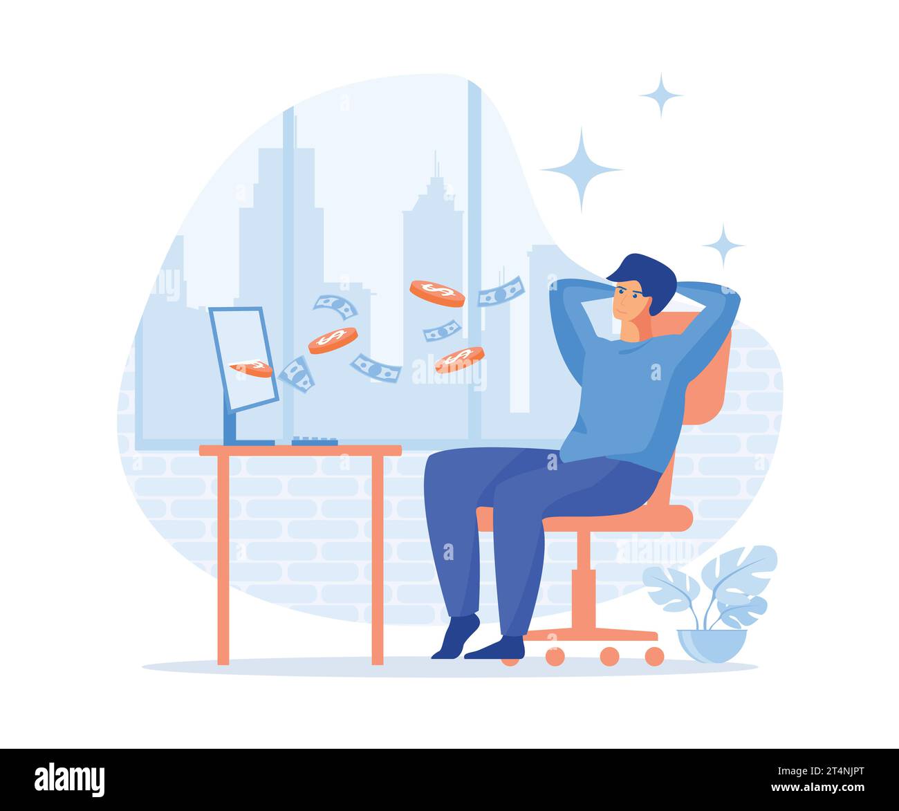 Passive income concept, businessman relax in chair while coins fly out of the computer. Easy money, flat vector modern illustration Stock Vector