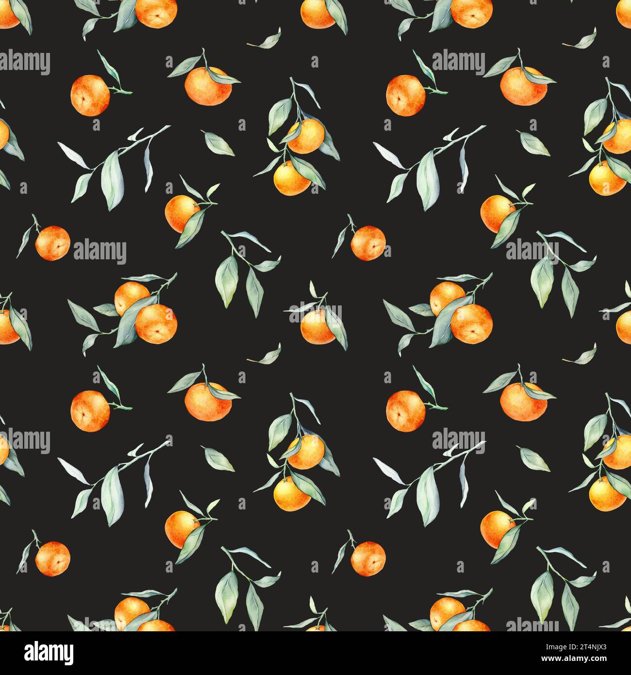 Seamless Pattern with Orange Fruit Branches, green leaves. Hand drawn ...
