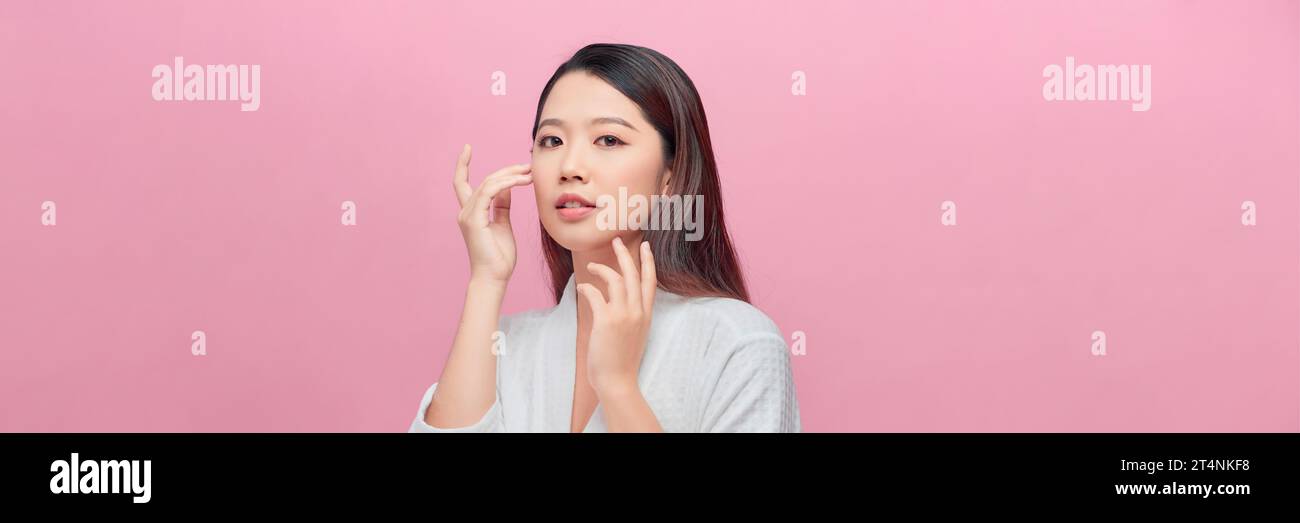 Beauty healthy skin natural skin care woman face on pink banner Stock Photo