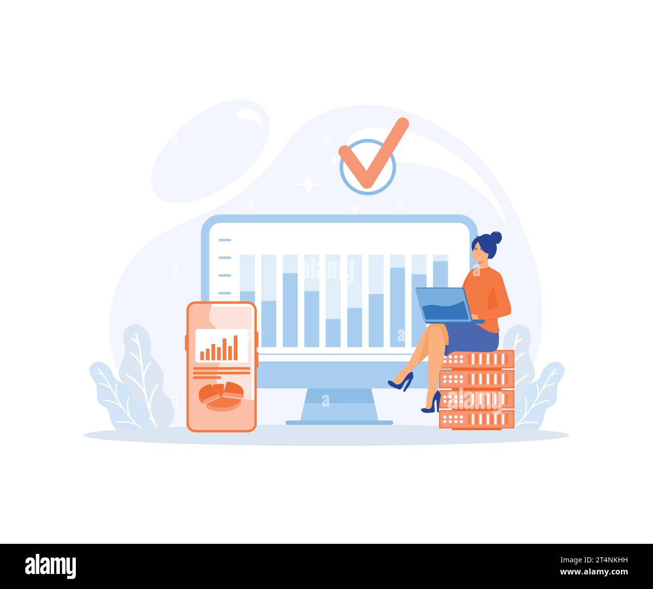 Big Data and Cloud Computing, Business characters using remote servers to analyzing large sets of data and recognizing mistakes, flat vector modern il Stock Vector