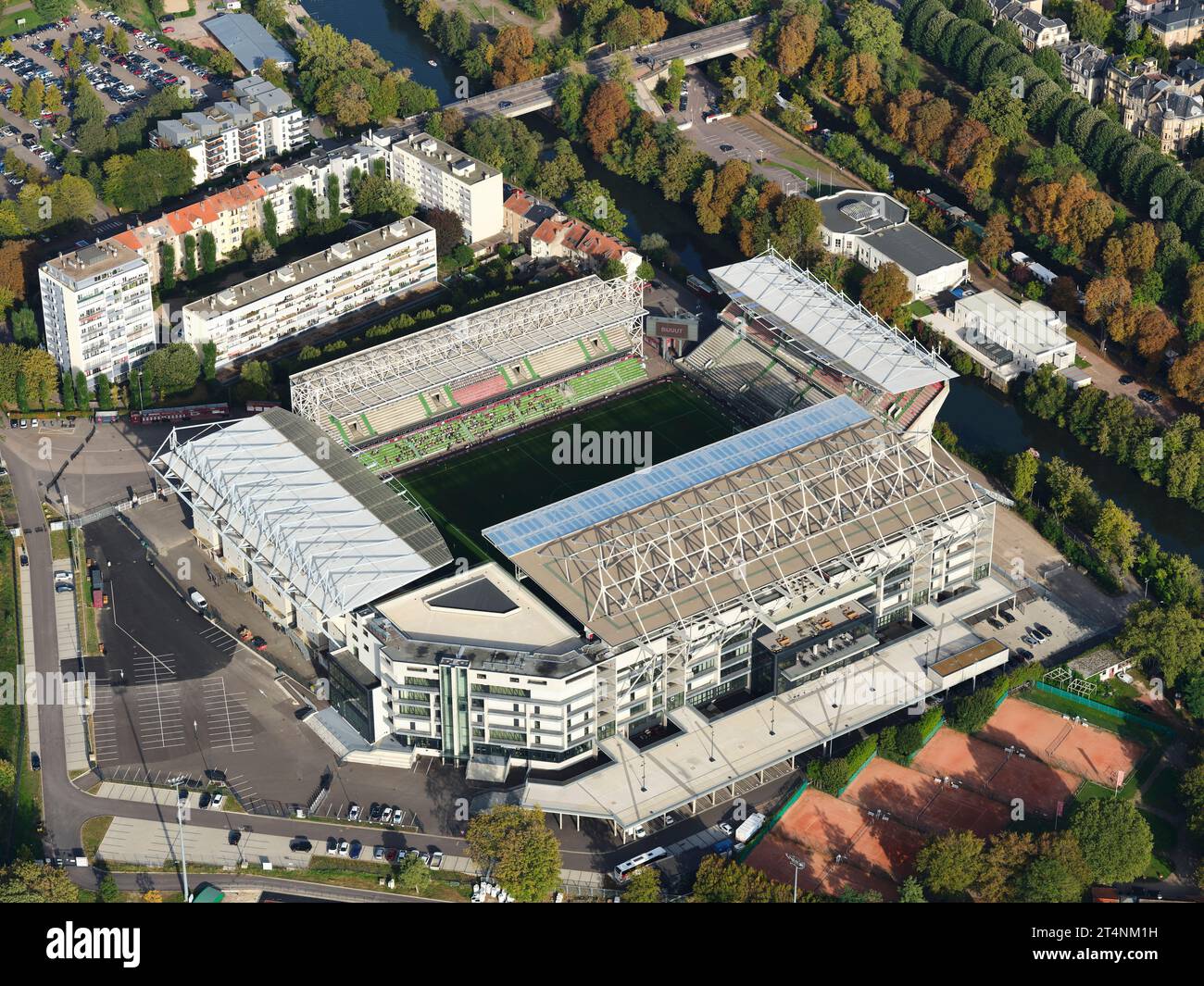 AERIAL VIEW. Multipurpose Stadium of Saint-Symphorien. Longeville-lès-Metz, Moselle, Grand Est, France. Stock Photo