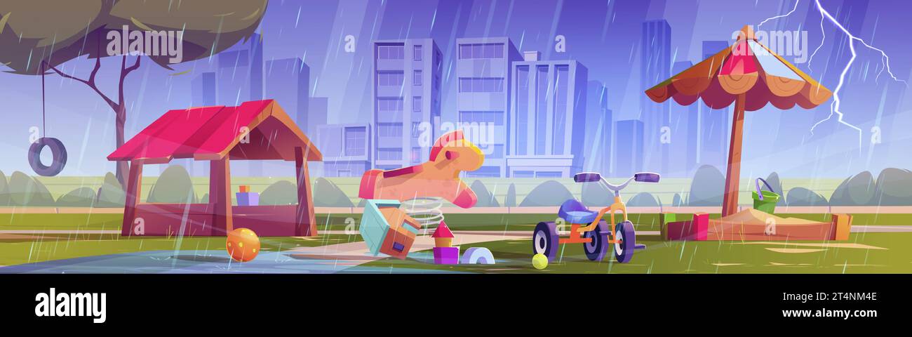 Thunder and rain in kindergarten playground park cartoon background. Summer children outside amusement with rainy weather and lightning. Outdoor urban city landscape with water puddle on yard Stock Vector