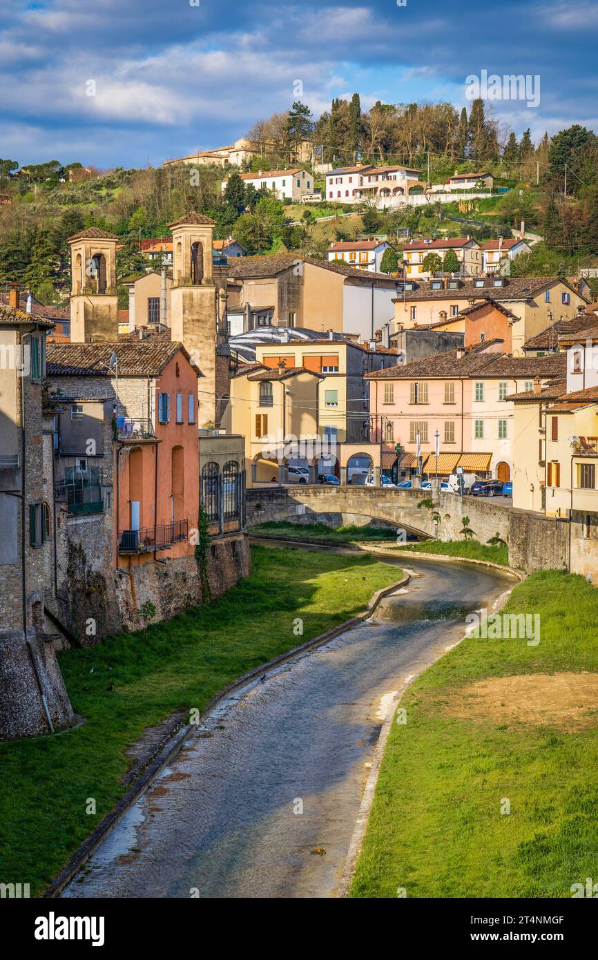 The old town oh Modigliana with the river and the ancient houses. Modigliana, Forlì, Emilia Romagna, Italy, Europe. Stock Photo