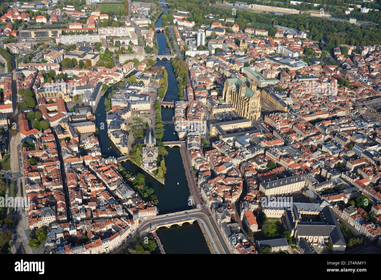 AERIAL VIEW. The city center of Metz on the banks of the Moselle River. Grand Est, France. Stock Photo