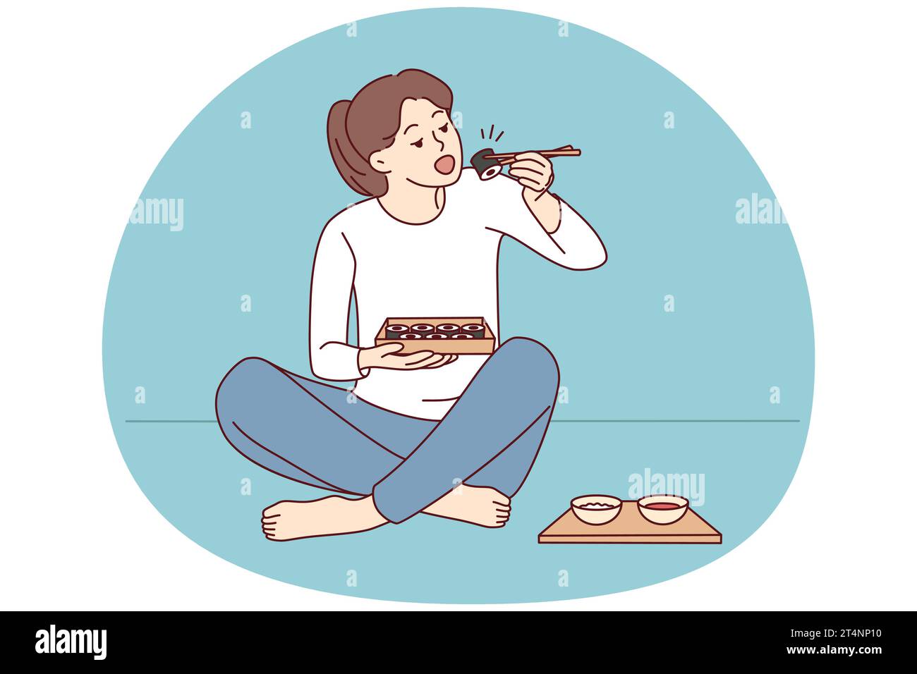 Happy young woman sit on floor eating sushi with chopsticks. Millennial