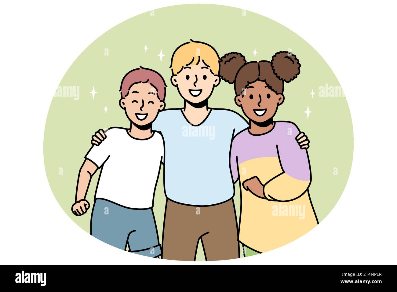 Multiracial boys, girl hug, smile. Children friends of different nationalities stand together. Multicultural schoolboys, schoolgirl studing at same school. Schoolchildren support vector concept. Stock Vector