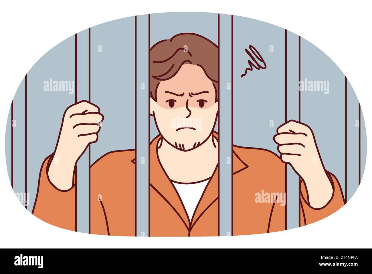 Unhappy man in robe behind bars in jail. Angry male criminal imprisoned for crime or misdemeanor. Imprisonment and sentence. Vector illustration. Stock Vector
