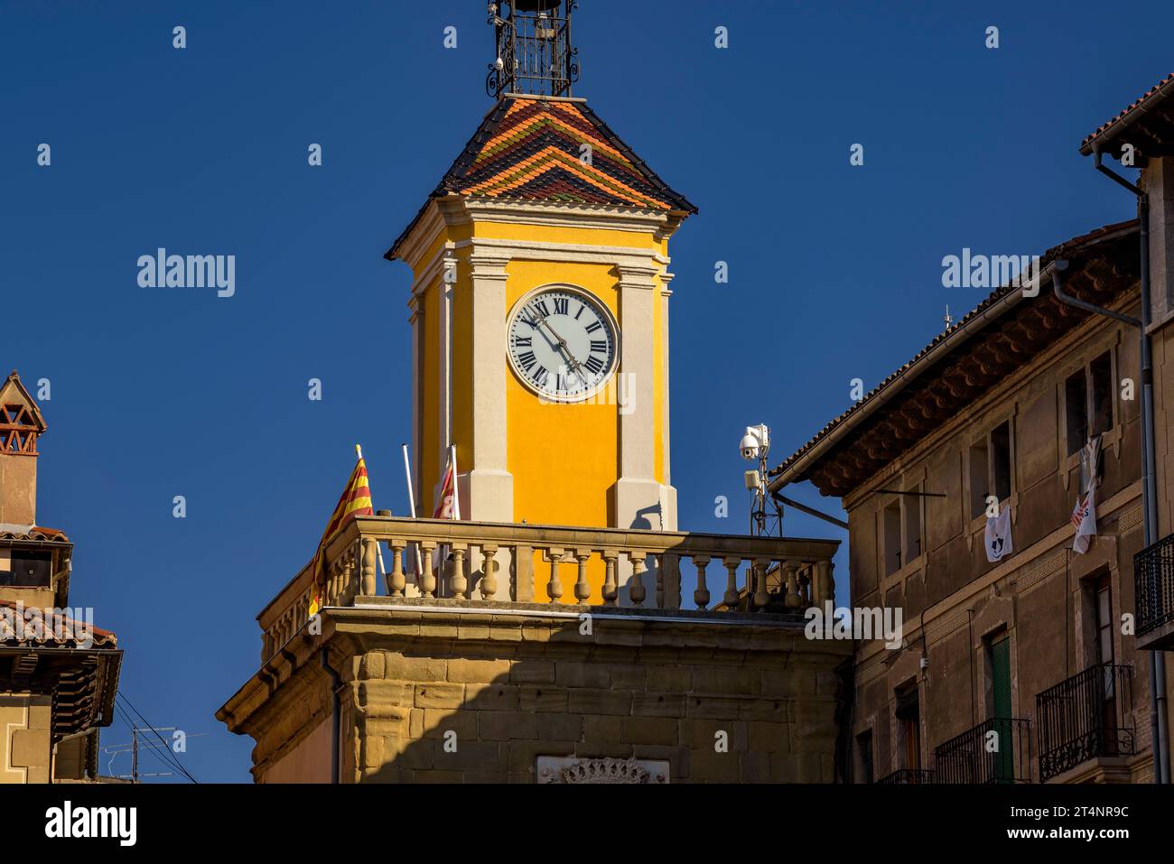 Clock tower at the Vic Town Hall in the Plaça Major square of Vic (Osona, Barcelona, Catalonia, Spain) ESP: Torre del reloj en el Ayuntamiento de Vic Stock Photo