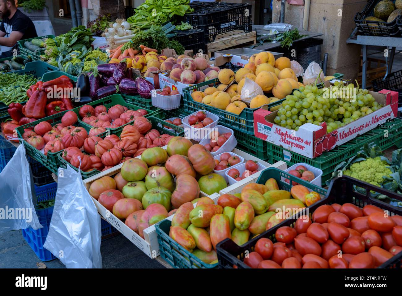 Detail of a fruits and vegetables stall at the weekly market in the Plaça Major square in Vic (Osona, Barcelona, Catalonia, Spain) Stock Photo