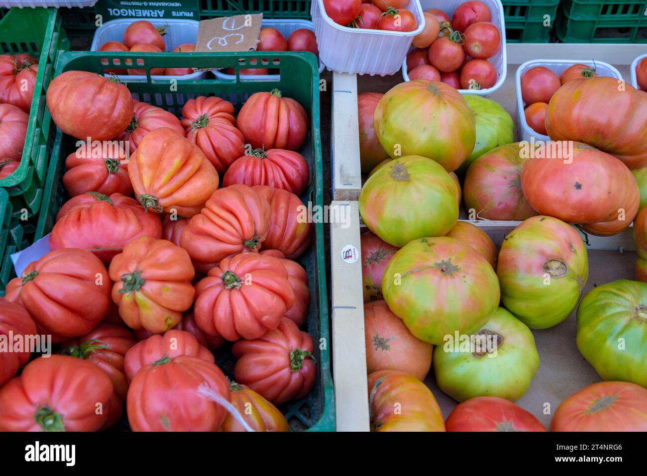 Detail of a fruits and vegetables stall at the weekly market in the Plaça Major square in Vic (Osona, Barcelona, Catalonia, Spain) Stock Photo