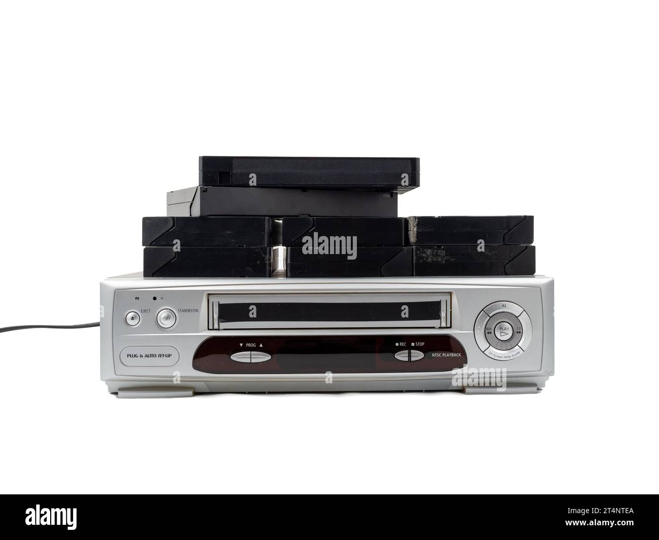 VHS cassette video recorder on a white background. Retro video recorder