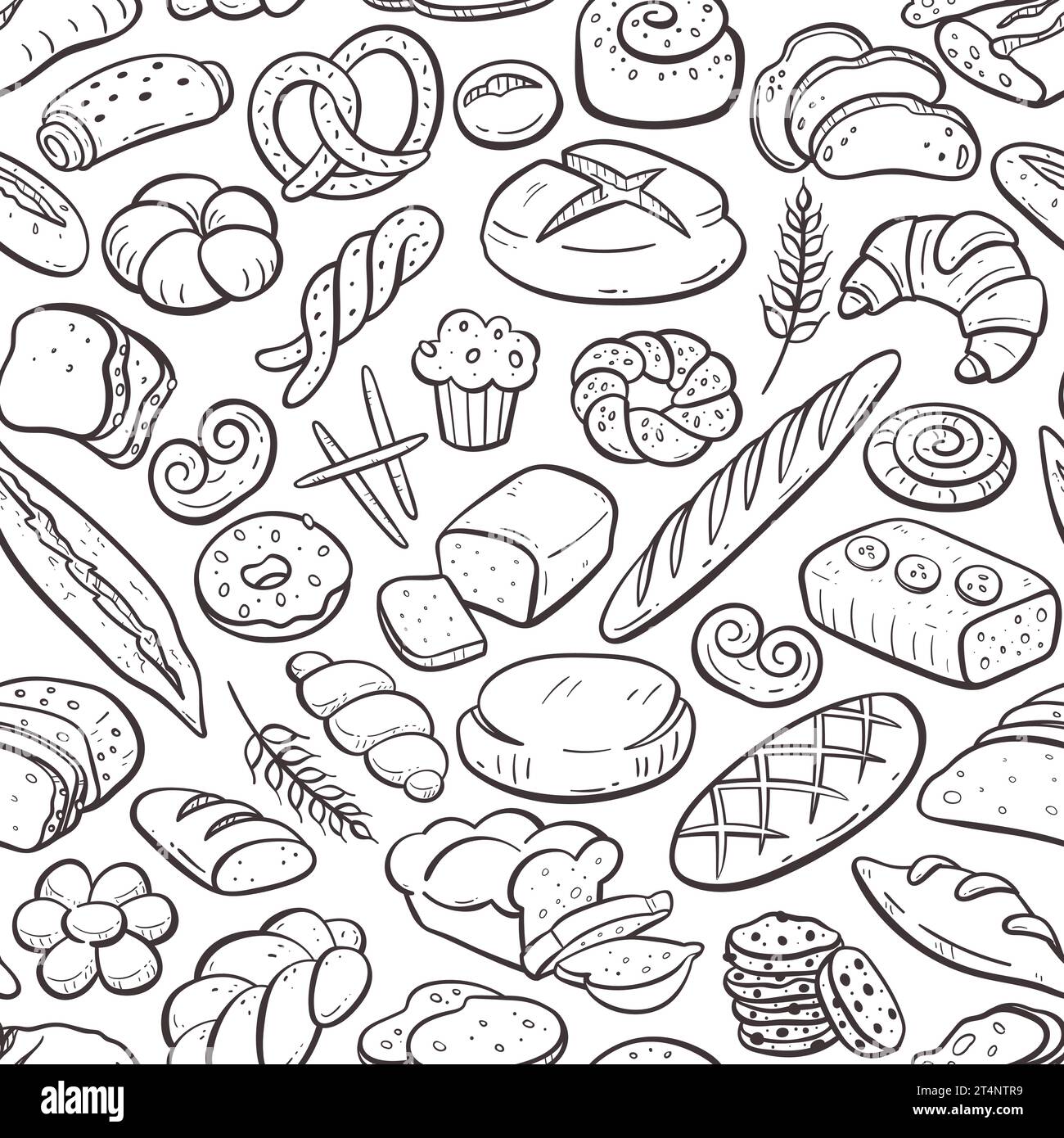 Bread and bakery products seamless pattern. Hand-drawn doodle illustration. Isolated baked good set. Repeat pattern. Vector illustration. Stock Vector