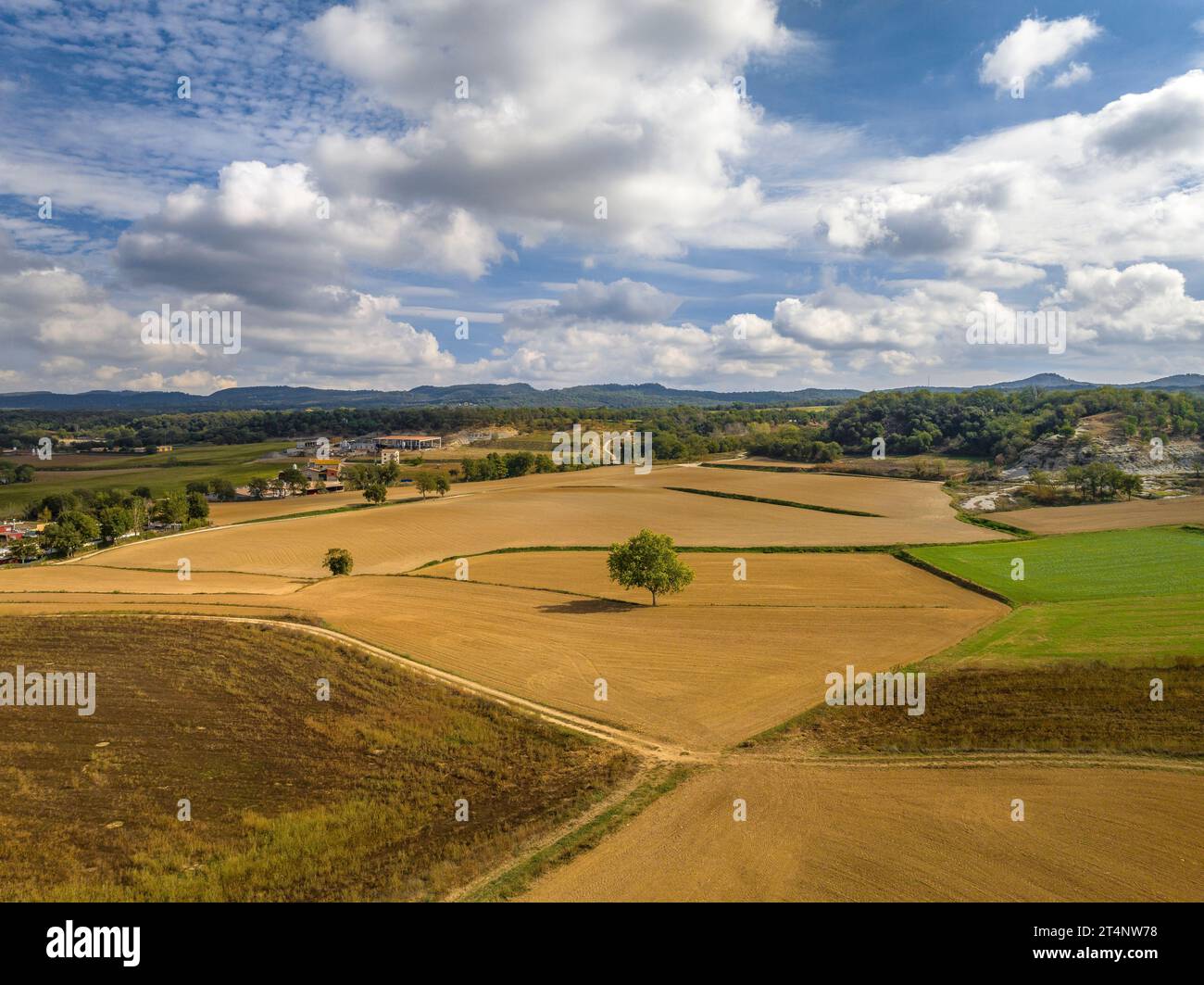 Aerial view of fields and rural environments near Santa Eugènia de Berga, in the Plana de Vic basin (Osona, Barcelona, Catalonia, Spain) Stock Photo