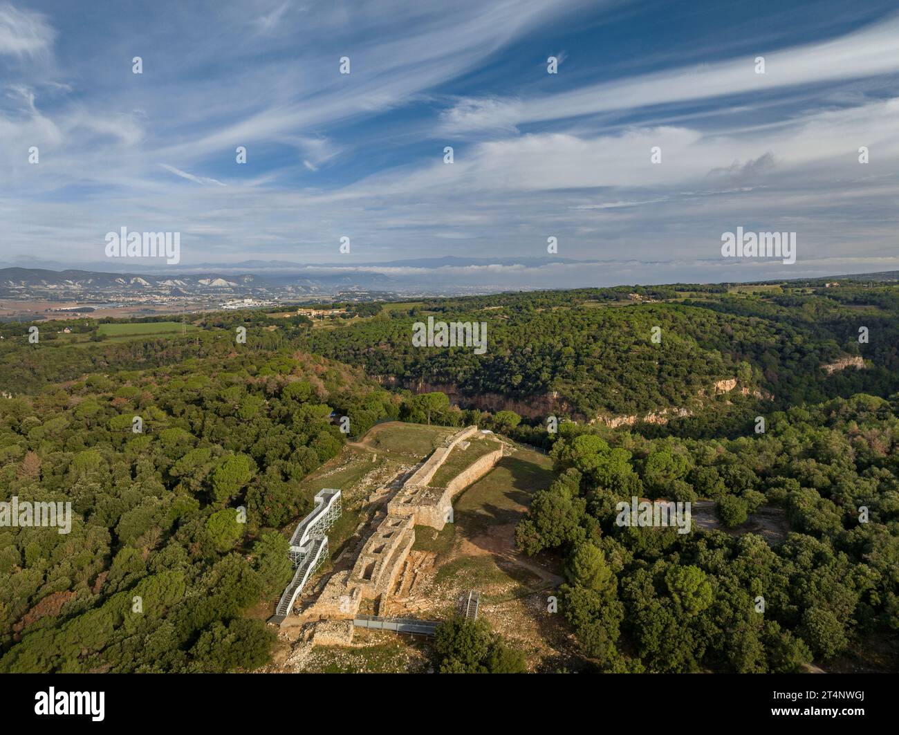 Aerial view of the Iberian settlement of Montgròs, on a hill in the Montseny natural park (Osona, Barcelona, Catalonia, Spain) Stock Photo