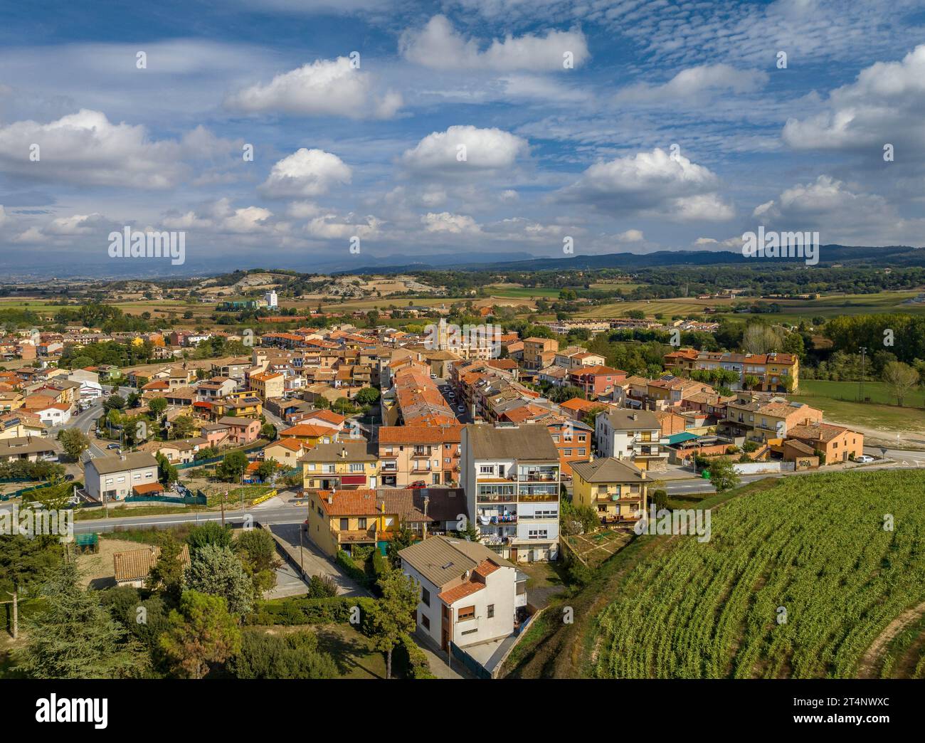 Aerial view of the town of Santa Eugènia de Berga, in the Plana de Vic region. Osona, Barcelona, Catalonia Spain ESP: Vista aérea Sta Eugènia de Berga Stock Photo