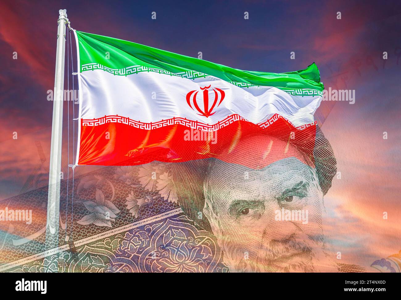 Flag of Iran waving in the wind against the bloody red sky and portrait Ayatollah Khomeini from the iranian banknote Stock Photo