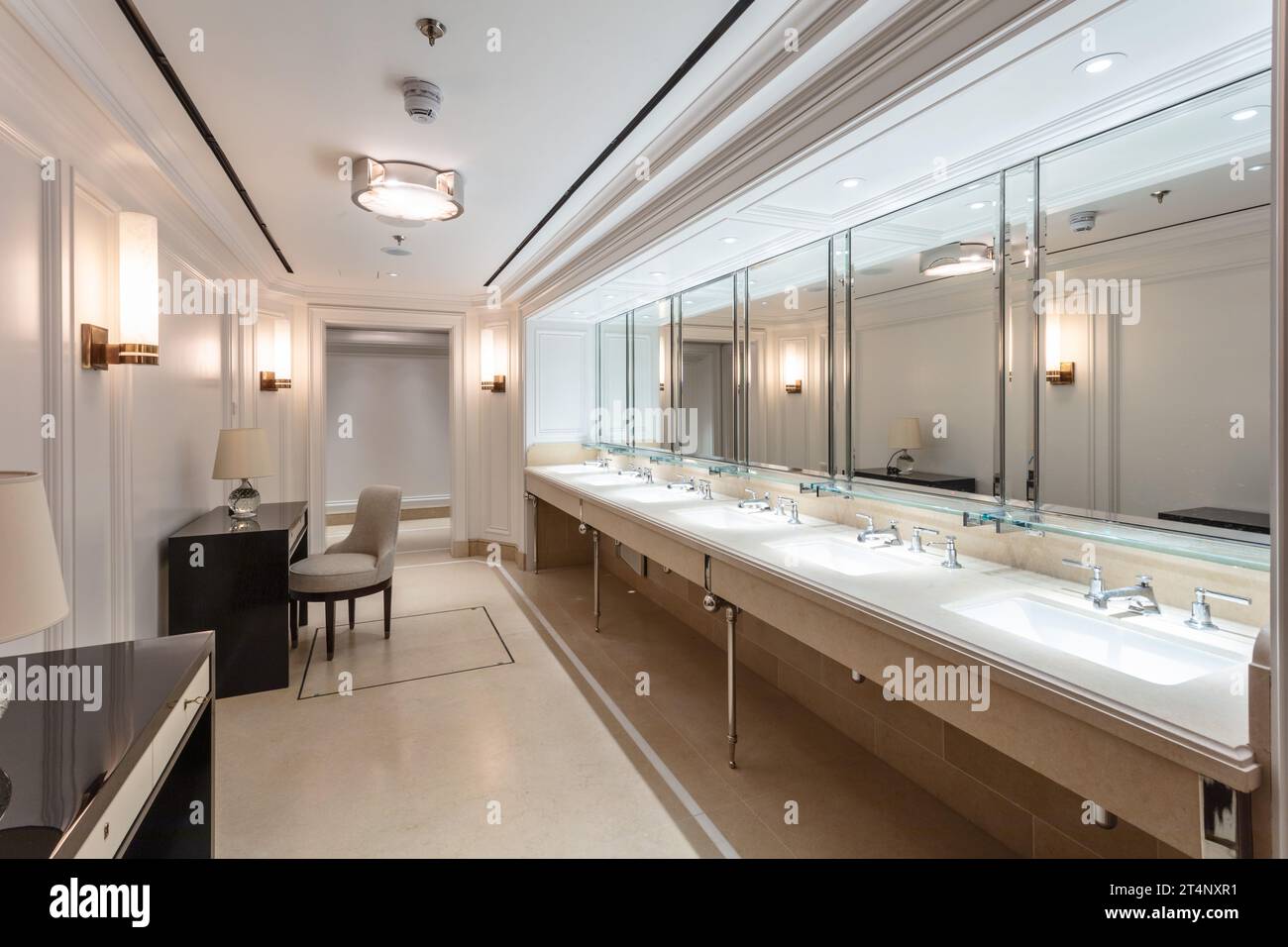 Ladies restroom in the prefunction space adjacent to the ballroom at Raffles London Hotel, Old War Office in Whitehall, London, UK Stock Photo