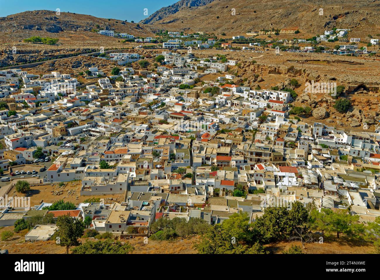 The town of Lindos on the island of Rhodes in the Dodecanese island group, Greece. Stock Photo
