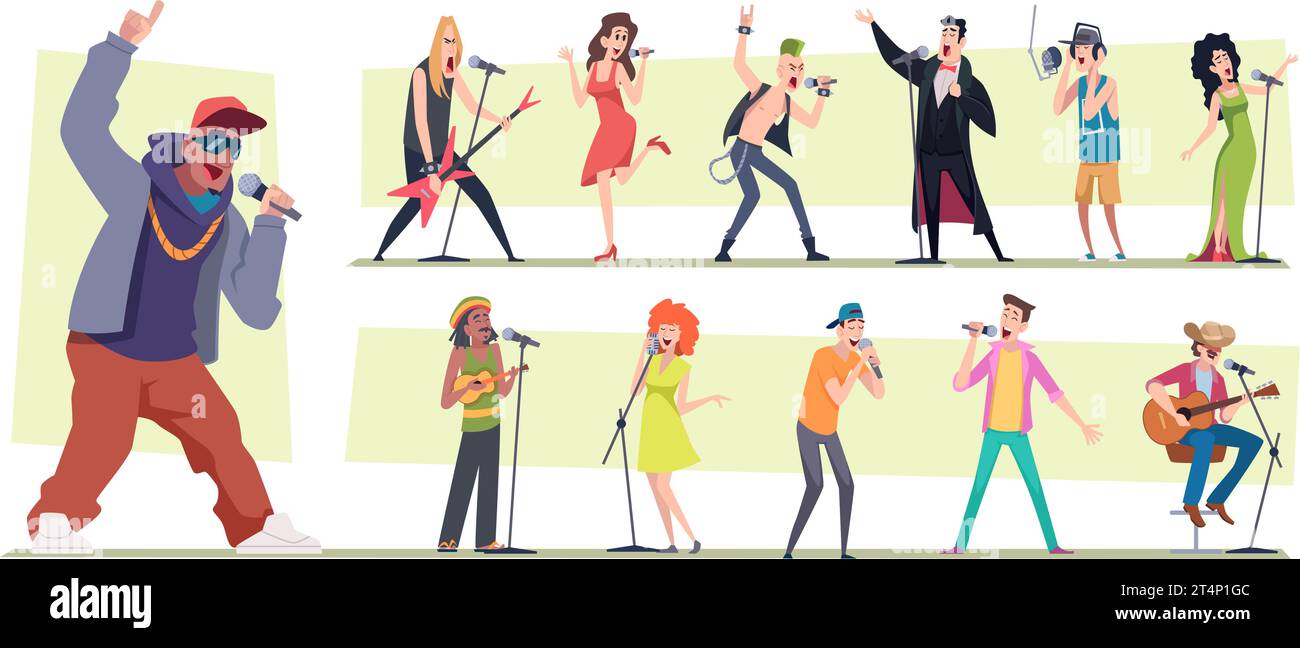 Singers. People male and female performers with microphone singing exact vector illustrations in cartoon style Stock Vector