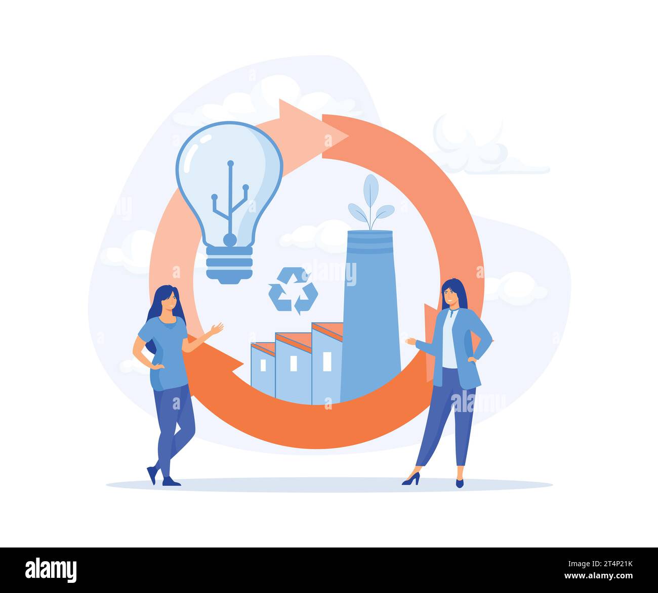 Circular economy and energy production, people holding cycle sign with power factory, manufacturing circulation process in industry, flat vector moder Stock Vector