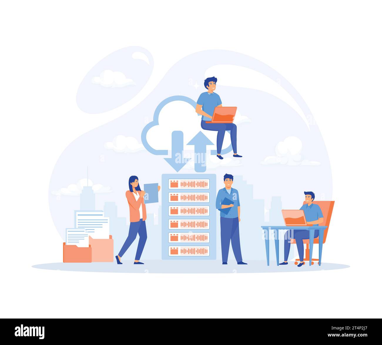 business technology storage cloud computing service concept, administrator team working on cloud, flat vector modern illustration Stock Vector