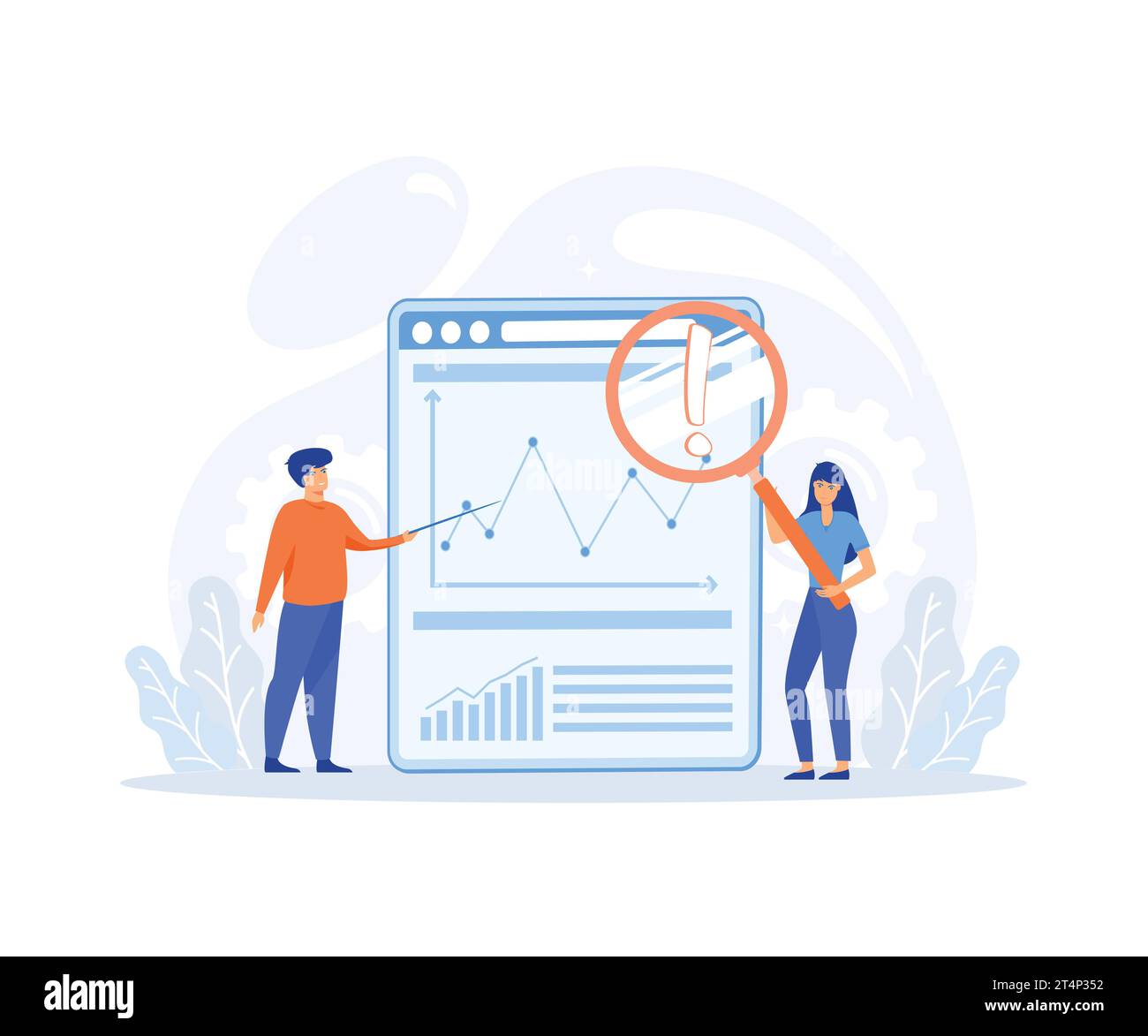 Big Data and Cloud Computing, Business characters using remote servers to analyzing large sets of data and recognizing mistakes, flat vector modern il Stock Vector