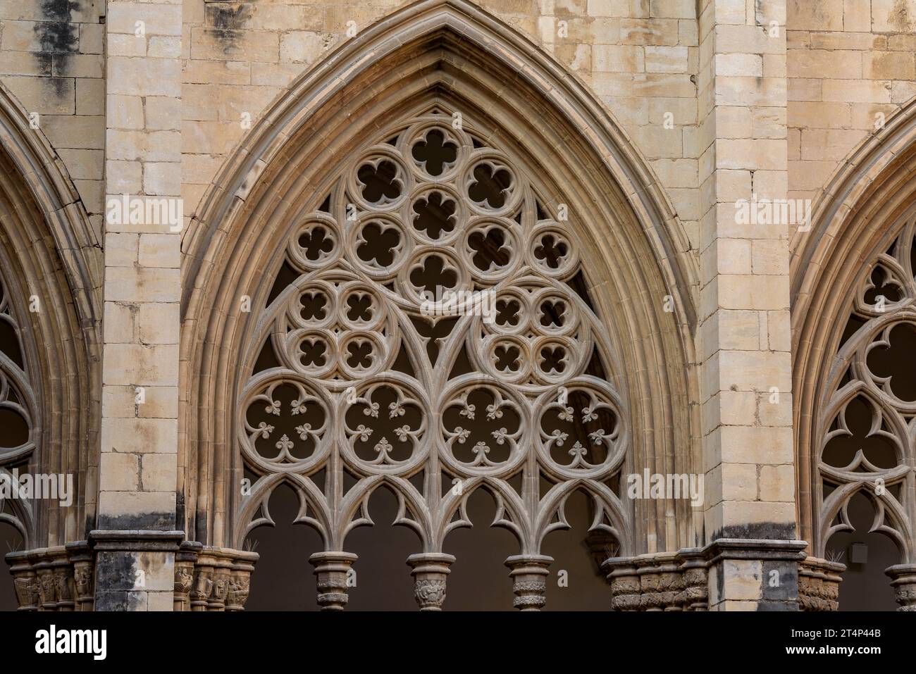 Windows of the Gothic cloister of the Cathedral of Saint Peter of Vic (Osona, Barcelona, Catalonia, Spain) ESP: Ventanales del claustro gótico de Vic Stock Photo