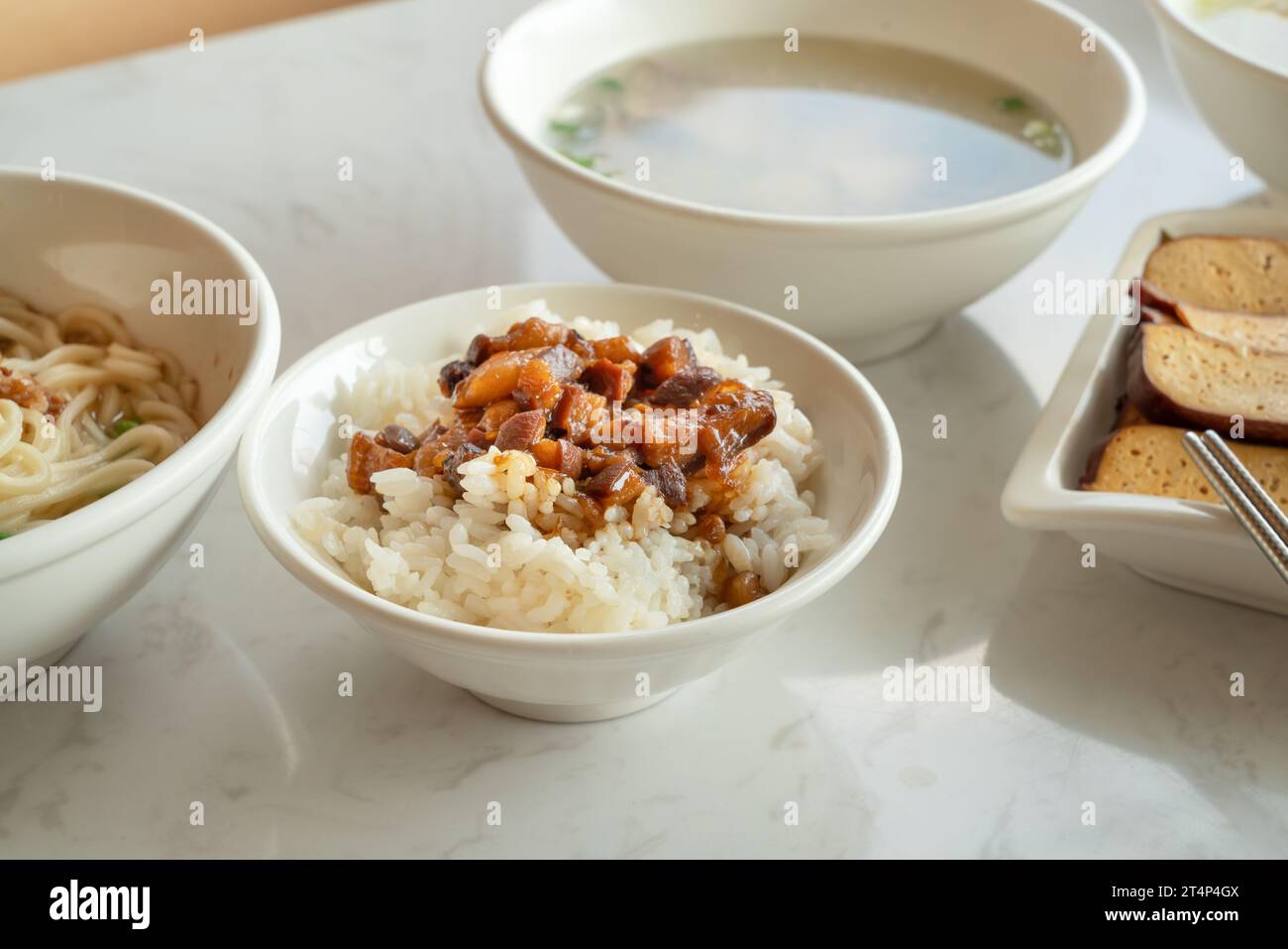 Stew Pork Rice Braised meat rice, stewed pork over cooked rice in Taiwanese restaurant ...