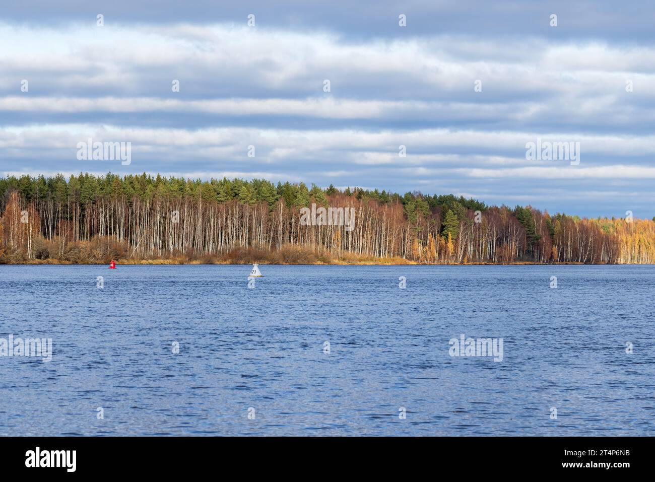 Svir river, fairway view with white and red buoys on a sunny day. Lodeynopolsky district in the north-east of Leningrad Oblast, Russia Stock Photo