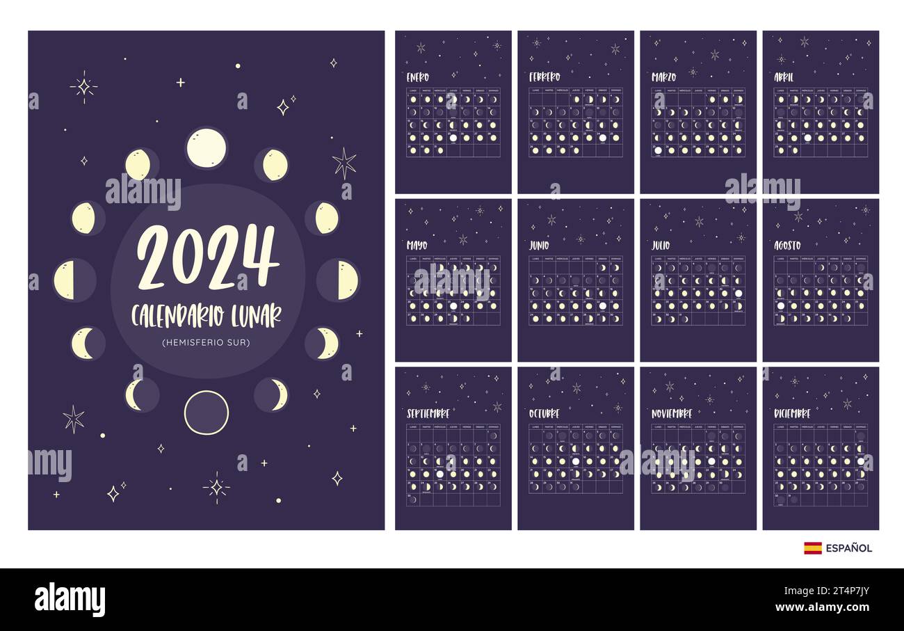 2024 Calendar. Moon phases foreseen from Southern Hemisphere. Spanish Text. One month per sheet. Week starts on Monday. EPS Vector. No editable text. Stock Vector