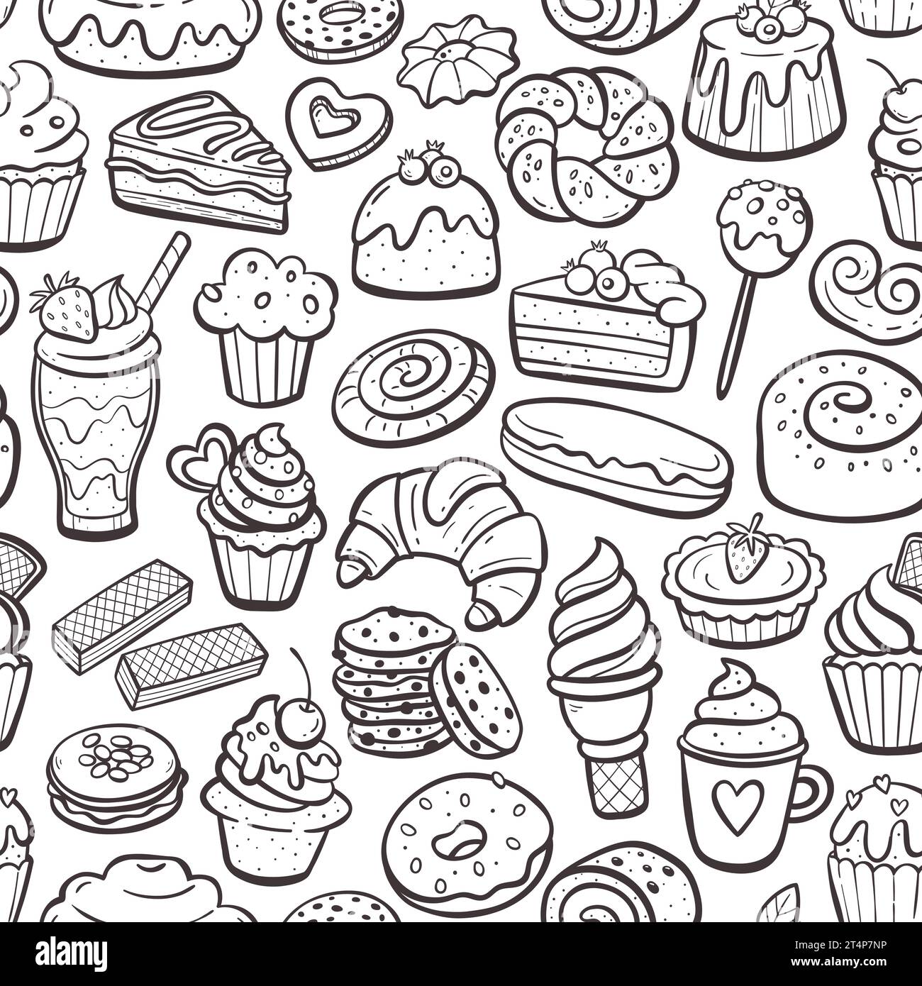 Dessert products seamless pattern. Cupcakes, sweets and pastries. Hand-drawn illustration. Isolated doodle items. Repeat pattern. Vector illustration. Stock Vector