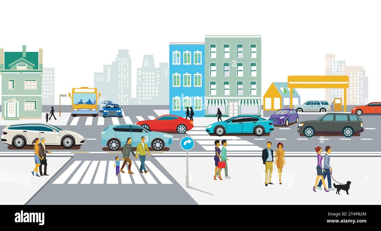 Urban silhouette of a city with traffic and people, illustration Stock ...