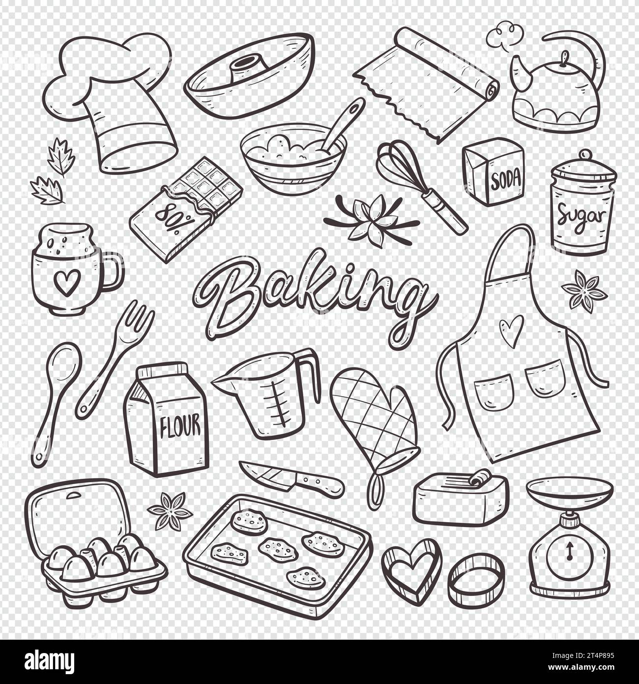 Baking products isolated on white background. Hand-drawn doodle illustration. Home baking supplies. Vector illustration. Set 2 of 2. Stock Vector