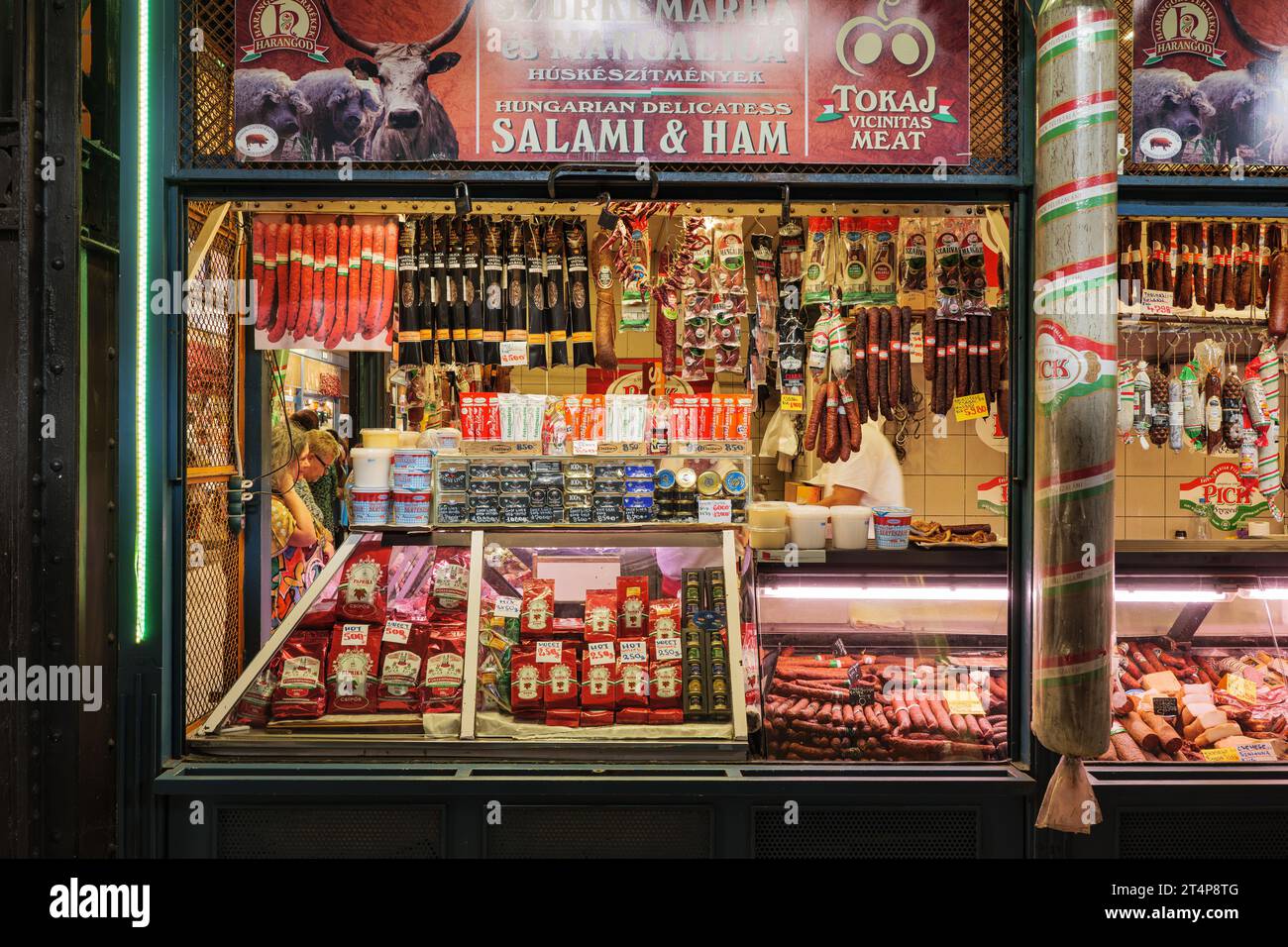 Great Market Hall of Budapest: fruits, vegetables, dairy products, fantastic salamis, pickles, fresh fish, Hungarian paprika, Tokaj wines, various sou Stock Photo