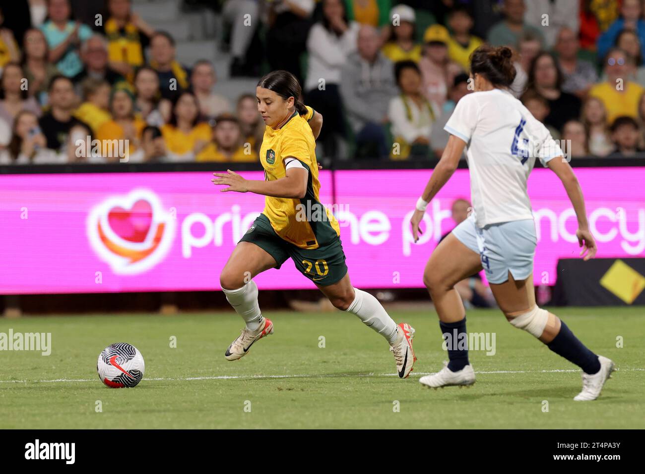 perth-australia-01st-nov-2023-sam-kerr-of-australia-attacks-during