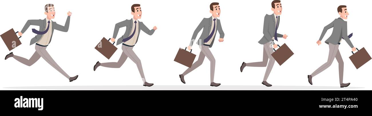Businessman running. Active manager fast walking or running with suitcase exact vector hurry character in action poses Stock Vector