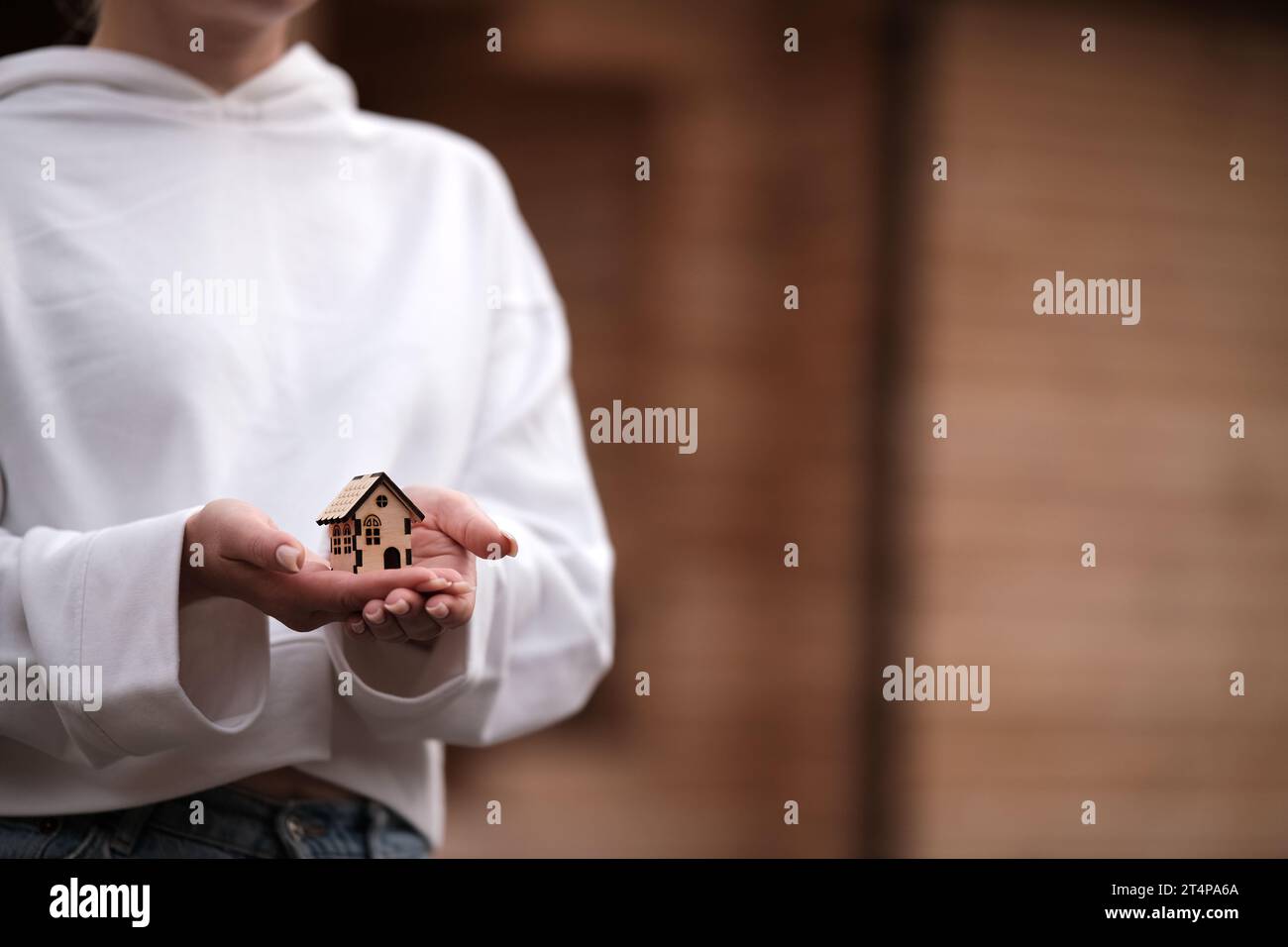 A small wooden house on a woman s hand against the background of a ...